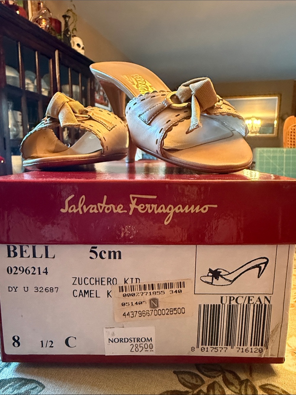 Salvatore Ferragamo Camel Leather Bow Slide Heels